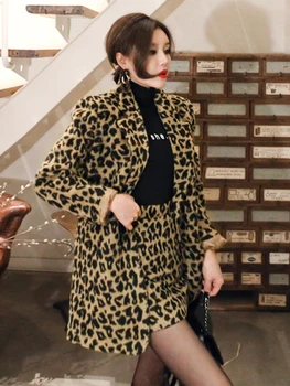 Toamna Femei De Epocă Elegant Leopard Print Cu Maneci Lungi Buzunar Vrac Sacou Strat De Îmbrăcăminte De Sex Feminin, Fusta Cu Talie Inalta 2 Buc Set