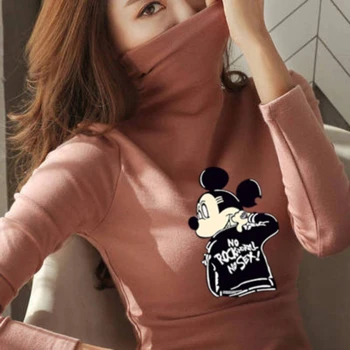 Disney benzi Desenate Mickey Mouse Grafic T Shirt Femei Maneca Lunga Guler Lână Subțire Tricouri pentru Femei Streetwear Primăvară Topuri