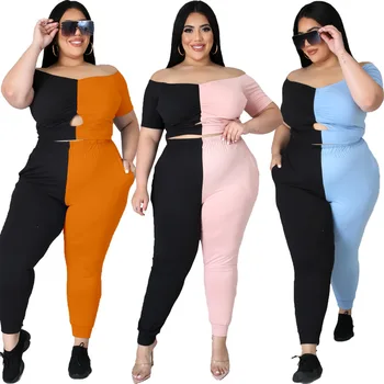 Vara Femeile De Culoare De Contrast Mozaic Două Seturi De Piese Sexy De Pe Umăr Topuri Scurte Pantaloni Skinny Tinute Clubwear