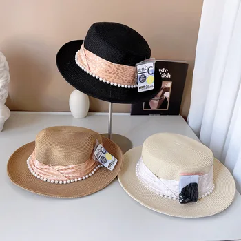 Margine largă Pălărie de Vară pentru Femei Flat Top Pearl Chingi Decor Pălărie de Paie Pălărie de Soare pe Plajă Pălărie de Protecție solară Kentucky Derby Hat