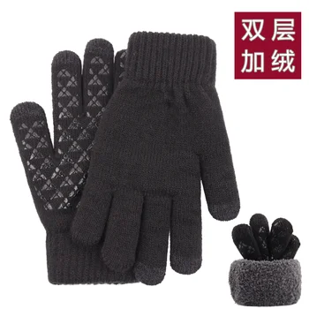 Dublu-strat tricotate touch ecran mănuși de iarnă pentru bărbați cald fleece căptușit îngroșat non-alunecare degetul în aer liber-împărțirea de lână mănuși