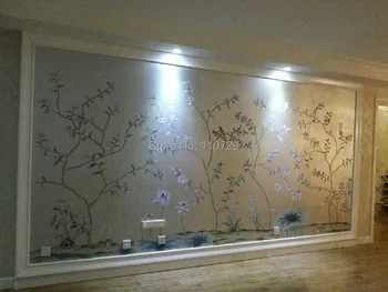 Pictate manual cu aur/argint pulbere pe tapet de mătase PICTATE manual hârtie de perete pictura flori w/bird TV/Canapea/living fundal