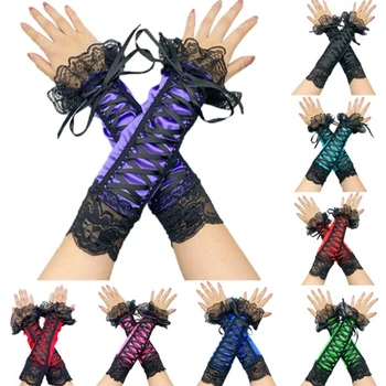 Femei Sexy Lace Mănuși Lungi Cot Lungime Jumătate-deget Mănuși Panglică Degete Plasă de Eticheta de Partid Goth Halloween Mănușă de box