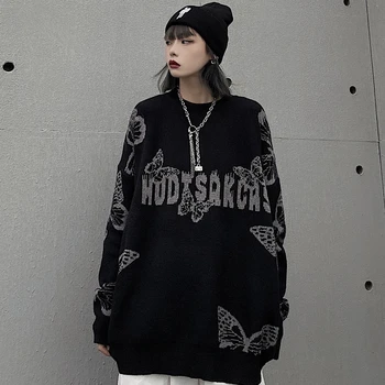 Harajuku Gotic Fluture Jacquard Pulover Supradimensionat Negru O de Gât Pulover tricotat pentru Femei și bărbați 2023 Nou Liber Streetwear