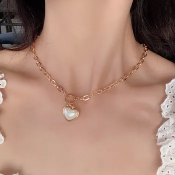Drăguț Imitație Pearl Pandantiv Inima Colier pentru Femei de Moda de Culoare de Aur Clavicula Lanțuri Cravată Colier Collares Cadouri Bijuterii