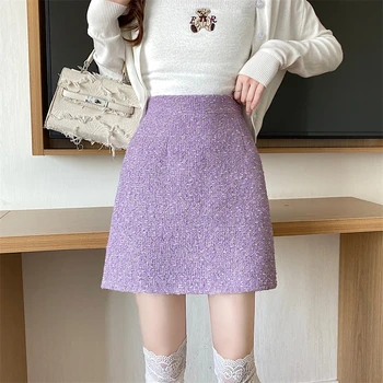 Violet Tweed Fuste Femei Fusta Mini De Talie Mare Bodycorn Lână Fusta Office-Eleganta Doamna Coreean Luminoase Pantaloni Scurți De Mătase Fusta Linie Dreaptă