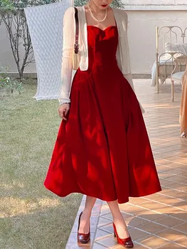 Retro Roșu Negru Clasic Cu Talie Înaltă, Subțire Suspensor Rochie De Catifea Timp De Primăvară Nouă Femei De Epocă Doamnelor Audrey Hepburn Vestidos