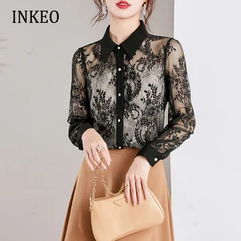 De mari dimensiuni Femei Vedea prin dantela Cămașă și bluză Neagră de Vară 2022 vintage maneca lunga topuri Sexy Lady haine Noi INKEO 2T024