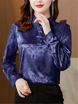 High-end Camasa din Satin Femei Mătase Bluză cu mânecă Lungă Subțire Pulover Jacquard Purfle Stand Guler Femeie Blusas Retro Feminin Bluza