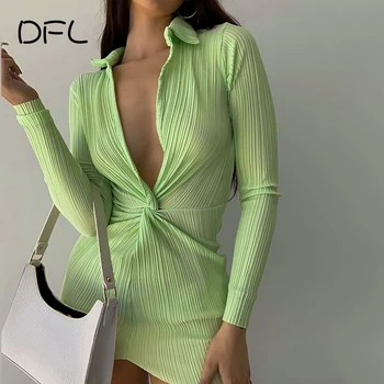DFLlifes Sexy Verde Nod de Bază Rochii Colorate cu Maneca Lunga Rochie Mini pentru Femei Haine de Club Vestido Feminino pentru Toamna Iarna