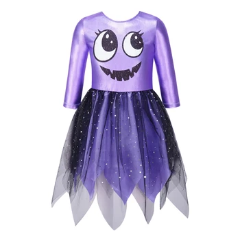 Copii Fete De Halloween Princess Dress Up Costume Maneca Lunga Cute Print Paiete Plasă Zimțate Ochiurilor Fusta Rochie De Cosplay Rochie De Petrecere