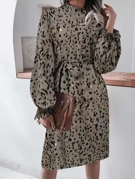 ZANZEA Casual cu Centură de Partid Midi Vestido Leopard Moda rochie de Primăvară Elegant de Epocă Halat Femei cu Maneca Lunga Rochie de Munca