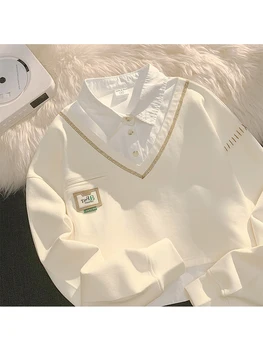 Stil Preppy Mâneci Lungi Femei 2022 Toamna Moda coreeană FakeTwo Tricou Casual Largi Butonul de Sus V-neck Mozaic Bluza Feminin