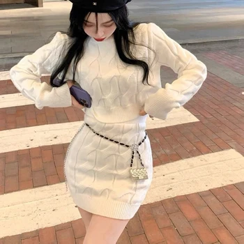 Elegant Toamna Iarna Tricot Două Bucata Costum De Moda Chic Femei Sexy O De Gât Pulover Top Trunchiate+Skinny Mini Fusta Stil Coreean Set