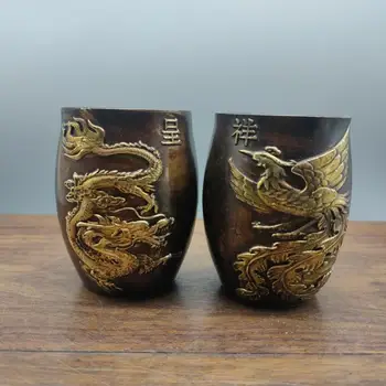 Chineză Cupru Alama Aurire de bun augur Dragon Phoenix Cani de Cafea Cesti de Ceai Drinkware Masă ornamente, cadouri de Nunta o pereche