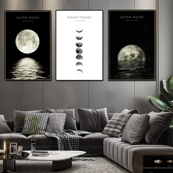 Panza Pictura abstracta HD Lună Postere Alb-Negru Imagine de Planetă Nordică Modernă, Arta de Perete Camera de zi Decorativas picturi