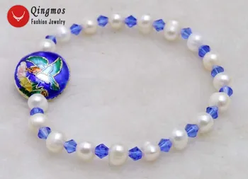 Qingmos la Modă de 5-6mm Alb Perla Naturala Bratari pentru Femei cu Albastru de Cristal și 18mm Cloisonne Bratara 7.5