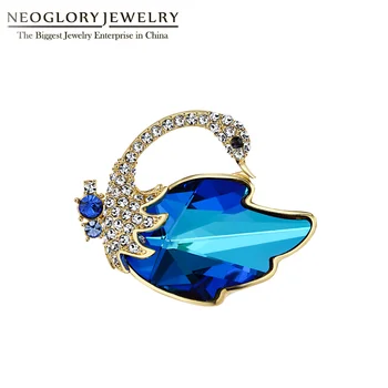 Neoglory Cristal Elegant Swan Animal Pentru Femei Broșe de Aur Strălucitoare Haină Albastră Ace Petrecere de Nunta Bijuterii Cadou de Ziua Mamei