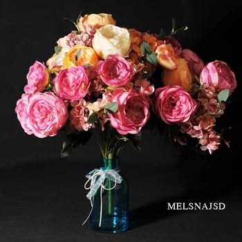 flori artificiale melsnajsd un pachet de 13 flori de mătase european de toamna vie bujor fals Frunze de nunta petrecere acasă decorare