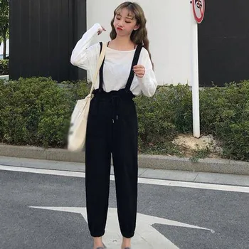 Femei De Moda De Tineret Liber Siret Casual Salopeta Jumpsuiit Primavara-Vara Stil Coreean Solid De Culoare De Epocă Sălbatică Costum Salopeta