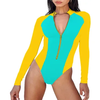 FS Femei Multicolor Împletit Mozaic Monokini Maneca Lunga Set de Bikini Doamna Surfing costume de Baie Costume de baie O Piesă 2022 Fierbinte de Vânzare