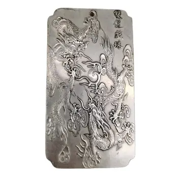 Chineză Veche Argint Tibetan Relief Double Dragon Joc Pearl Talie Card Amuleta Pandantiv Feng Shui Norocos Card Pandantiv