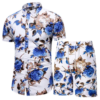 Bărbați Îmbrăcăminte Set 2021 Set de Două Piese de Vară pe Plajă Purta Floral Print Casual Tricou și pantaloni Scurți Set Cămașă Hawaiană Haine de Sărbătoare