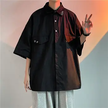 2021 Bărbați Mânecă Scurtă Hawaiian Marfă Tricou Hip-hop de Moda de Culoare Neagră, Cămașă Camisa Masculina Streetwear French Cuff Shirt