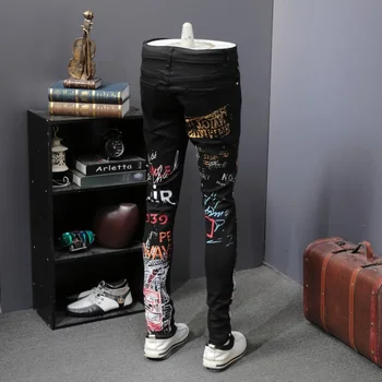 Moda Nou Tipărite Mens Denim Elastic Pantaloni De Creion Lungime Completă Negru High Street Blugi De Sex Masculin Casual Slim Fit Pantaloni Skinny