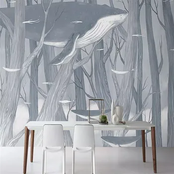 Tapet 3D Nordic abstracte pictate manual pădure balena perete camera de zi profesionala murală fotografie tapet