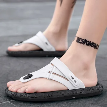Design Original Vară Roma Multifuncțional Stil Sandale Din Piele De Înaltă Calitate Pentru Bărbați Papuci De Casă Alb, Negru Solid În Aer Liber Pantofi De Plaja