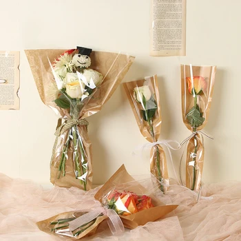 50pcs Creative Hârtie Kraft Singură Floare Saci de-O parte OPP Sac Pentru Valentine ' s Flori Cadou Floraria Buchet de Flori Sac de Ambalare