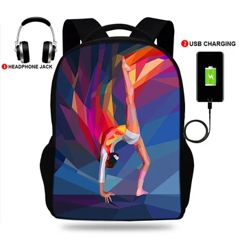 Acuarelă Gimnastica de Imprimare rucsac USB Adolescenți Ghiozdane Femei Bagpack Panza Student Rucsac Pentru Fete sac