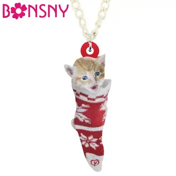 Bonsny Acrilice Crăciun Ciorap Parul Scurt Pisoi Pisică Colier Pandantiv Lanț Cravată Animale De Bijuterii Pentru Femei Și Fete, Copii Cadou