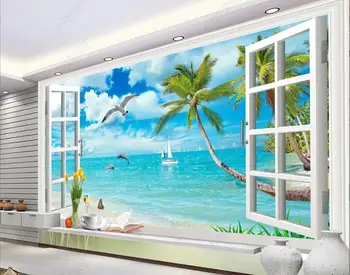 personalizat murale 3d imagini de Fundal fotografie fereastră peisajul palmier, peisaj marin hawaii decor acasă tapet pentru pereti 3d camera de zi