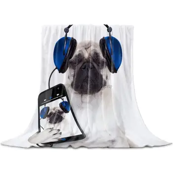 Fleece Pătură Full Size, Rece Pug Câine Ascultați Muzică Ușoară de Flanelă Pături pentru Pat Canapea Camera de zi, Cald Fuzzy
