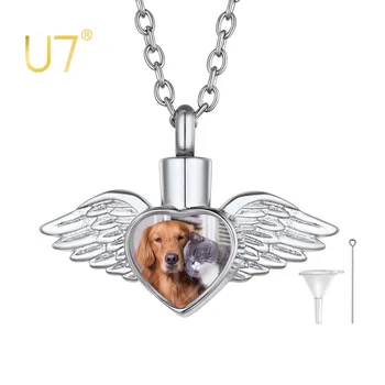 U7 Lanț din Oțel Inoxidabil Personalizate Foto Aripă de Înger Inima Urnă de Incinerare Bijuterii Colier pentru Barbati Femei Memorial Cadou