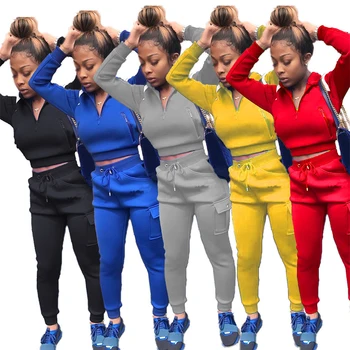 Noua Moda 2020 Casual Culoare Solidă Femei 2 Bucata Set Crop Top Pulover + Pantaloni Lungi De Trening Sportsuit Sportive De Fitness Outfi
