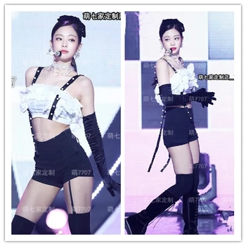 kpop de DOUĂ ori EXO UI Seo Da Ji spectacol de dans aceeași dantelă albă bretele tricou topuri + negru sexy, pantaloni scurți de Înaltă talie femei din două piese set