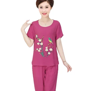 De vârstă mijlocie Și Vârstnici, Femei Seturi de Vară Lenjerie de pat din Bumbac cu Maneci Scurte Brodate T-shirt și Pantaloni Casual 2 Buc Seturi de Îmbrăcăminte