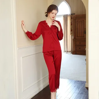 2022 Noi 2 BUC Pj Seturi de îmbrăcăminte de noapte Femme Satin Șifon V-Gât Pijamale Costum de Dantelă Asieta Pijamale cu Maneca Lunga Noapte Haine de Acasă
